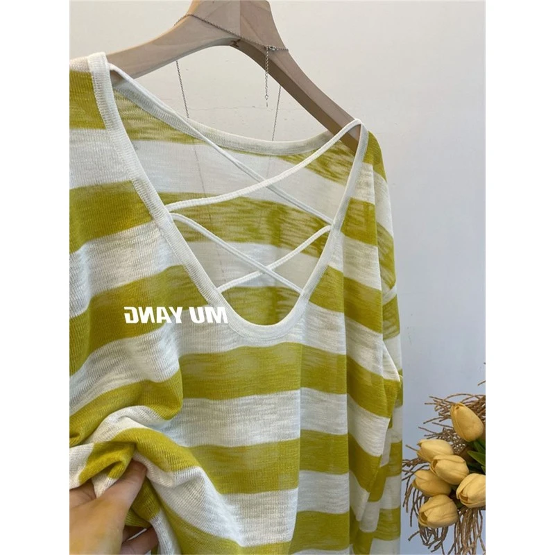 小心机露背绑带上衣圆领宽松条纹长袖t恤女夏季薄款微透防晒罩衫