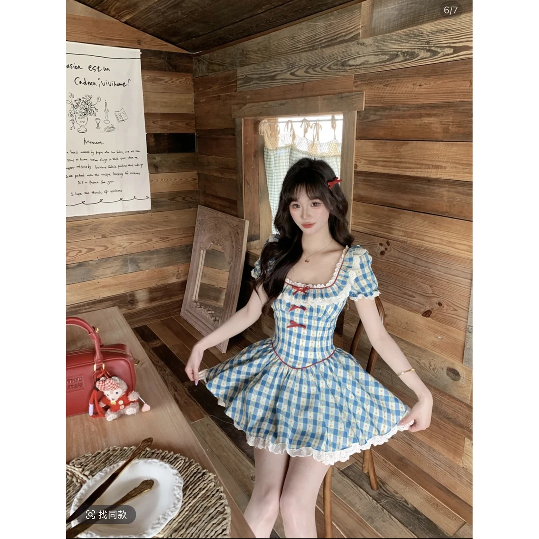 爱神降临 复古蓝色格子方领小飞袖连衣裙小个子显瘦公主蓬蓬短裙