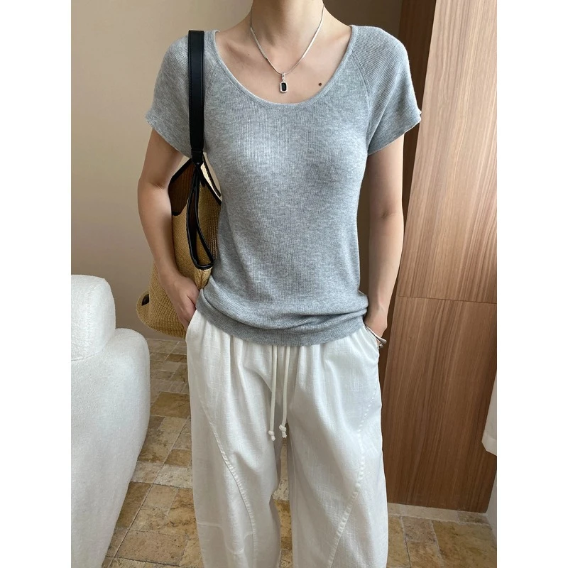 早秋新款法式简约百搭U领修身显瘦打底短袖针织衫上衣薄款打底衫