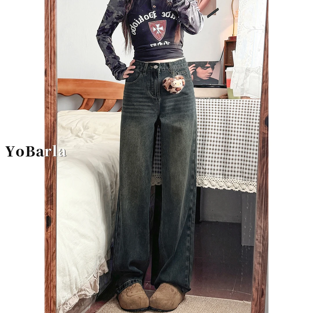 水泥灰阔腿牛仔裤女秋冬加绒大码胖mm宽松显瘦梨形身材窄版直筒裤