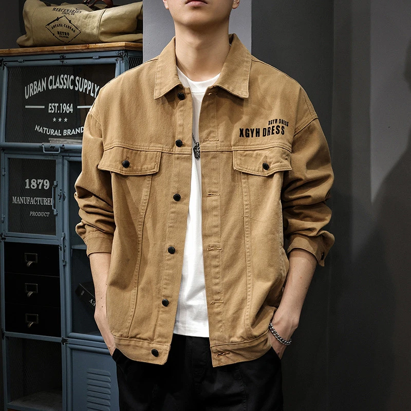 秋季美式复古男士牛仔外套宽松大码潮牌工装夹克秋冬休闲猎装上衣