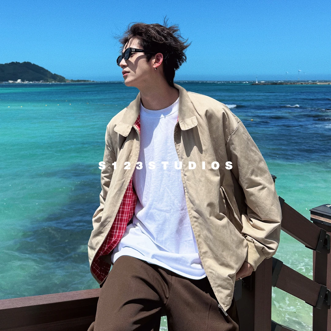 聪明陈S123 80支匹马棉红格纹撞色拼接复古夹克外套男立领工装开