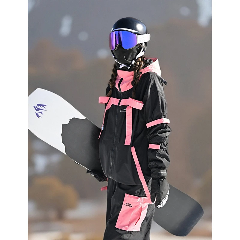 芙沿黑粉撞色滑雪服套装女2025秋冬新款防风防水防寒单板情侣雪衣