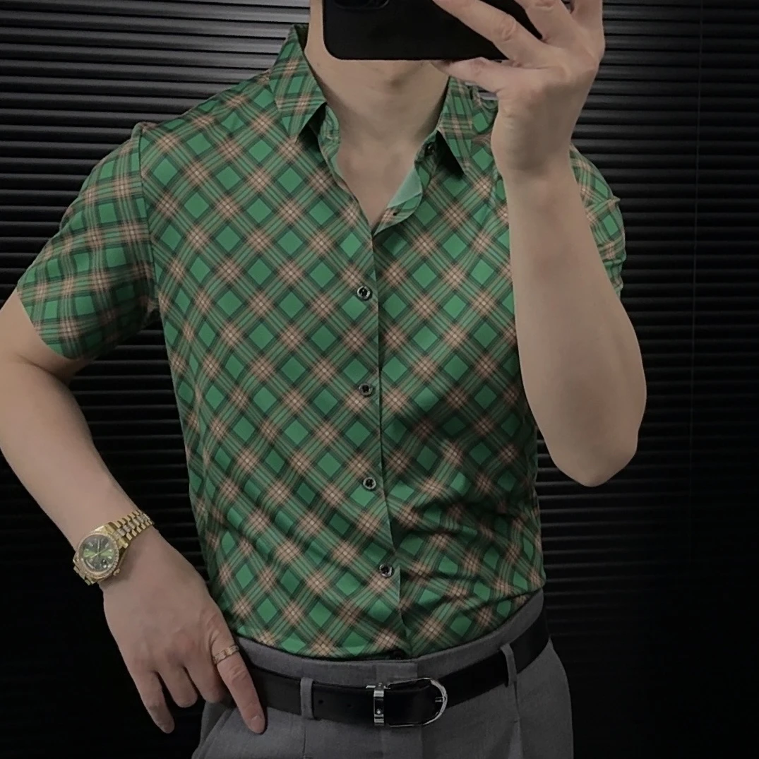 男士短袖（桑蚕丝）薄款衬衫夏季修身休闲格子设计轻奢潮流百搭衬衣