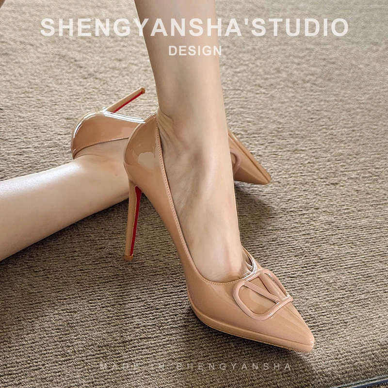 法式V扣防水台一脚蹬高跟鞋尖头浅口红底单鞋裸色气质女性感百搭