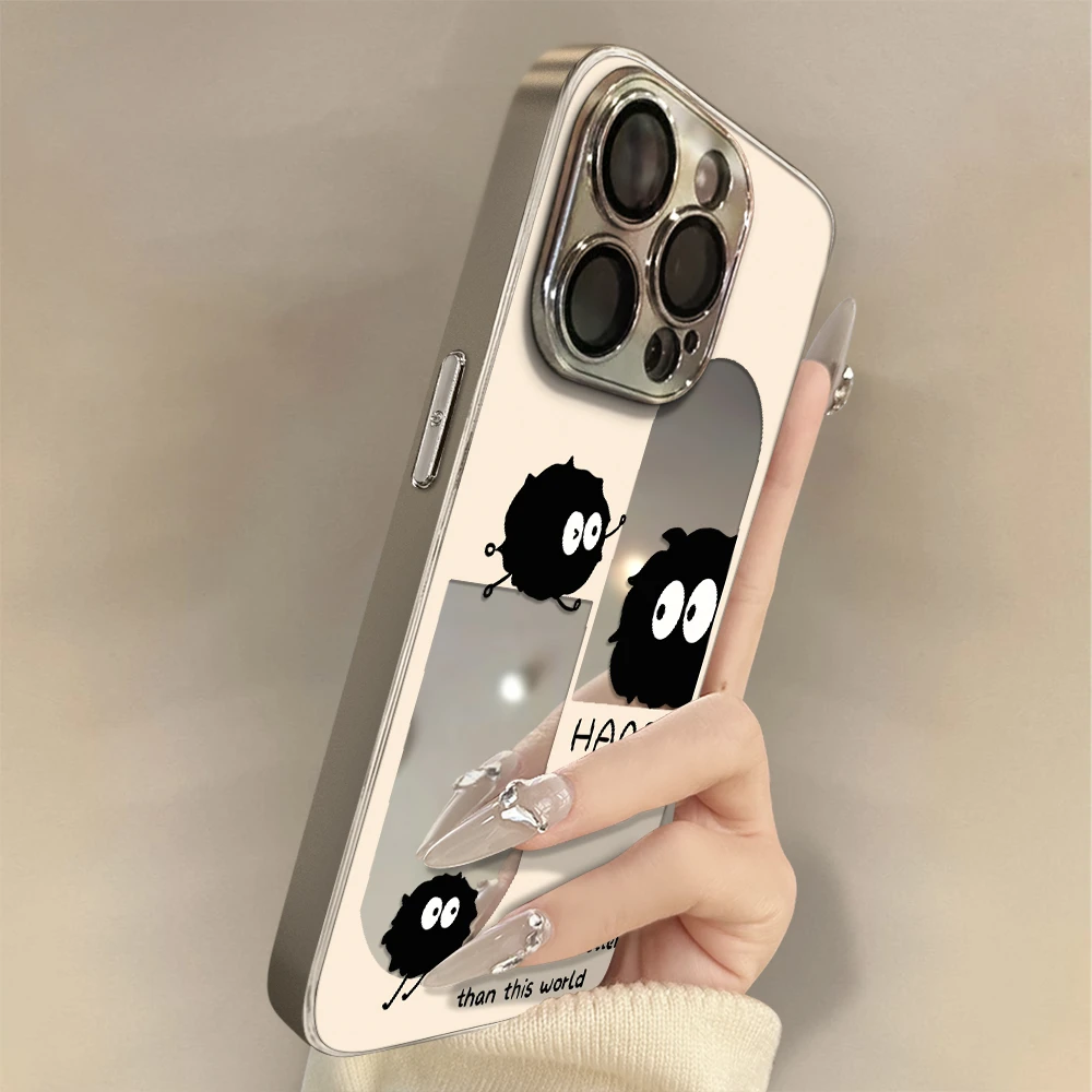 开心三只煤球适用苹果15pro手机壳iPhone16promax镜面14/13精孔12