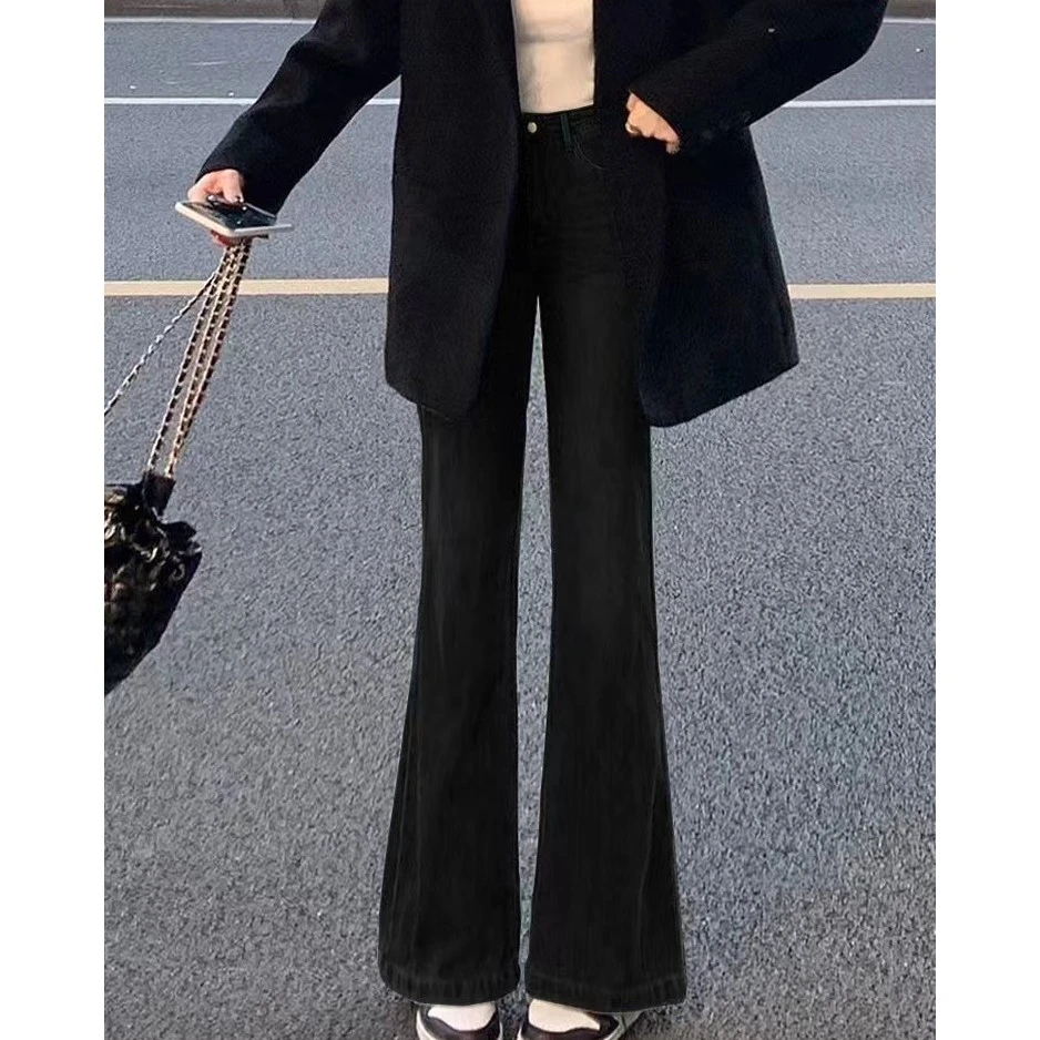 黑色美式高街水洗微喇牛仔裤女春秋新款显瘦直筒马蹄裤长裤子潮