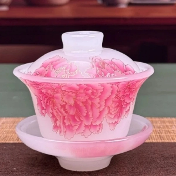 G2523--粉色牡丹琉璃三才盖碗SS