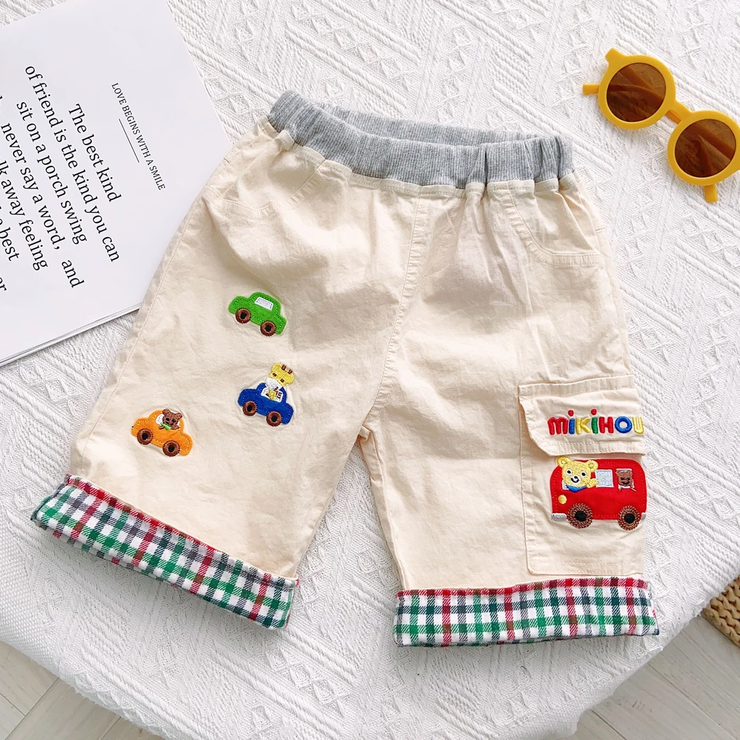 宝宝刺绣格子挽边工装短裤小汽车口袋半裤