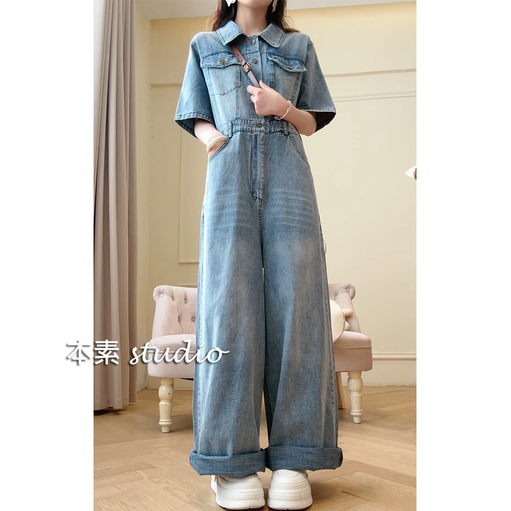 旅途MNY2625翻领牛仔短袖连体裤