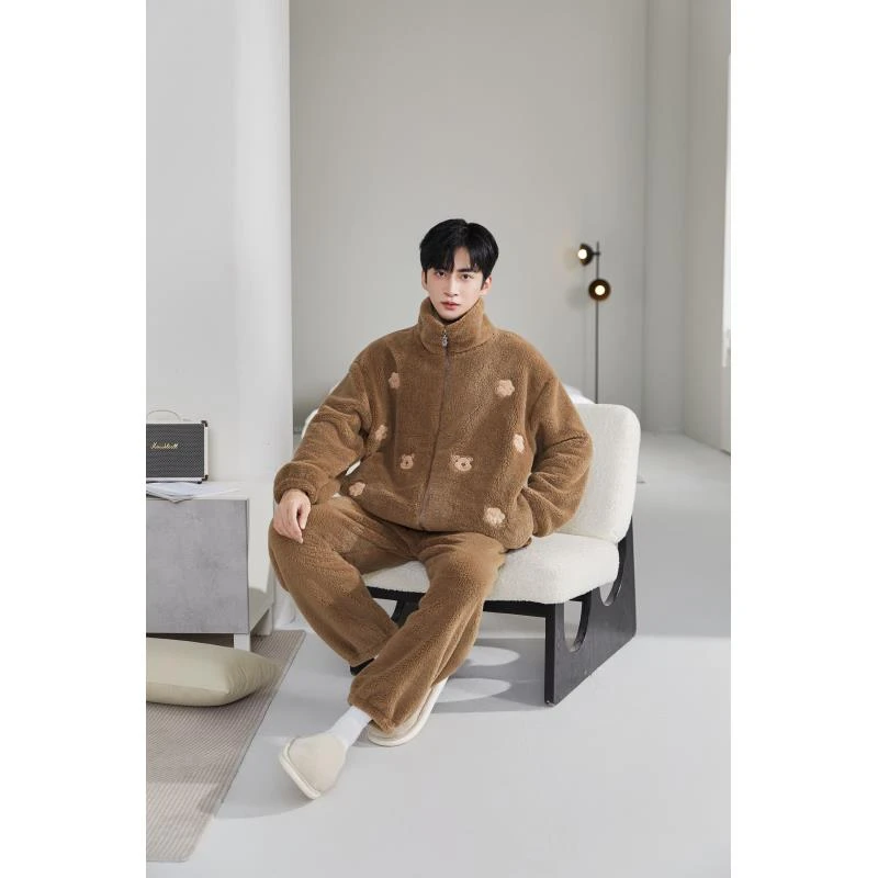 男女同款情侣款新款冬季加绒加厚立领秋冬热力绒家居服套装外穿