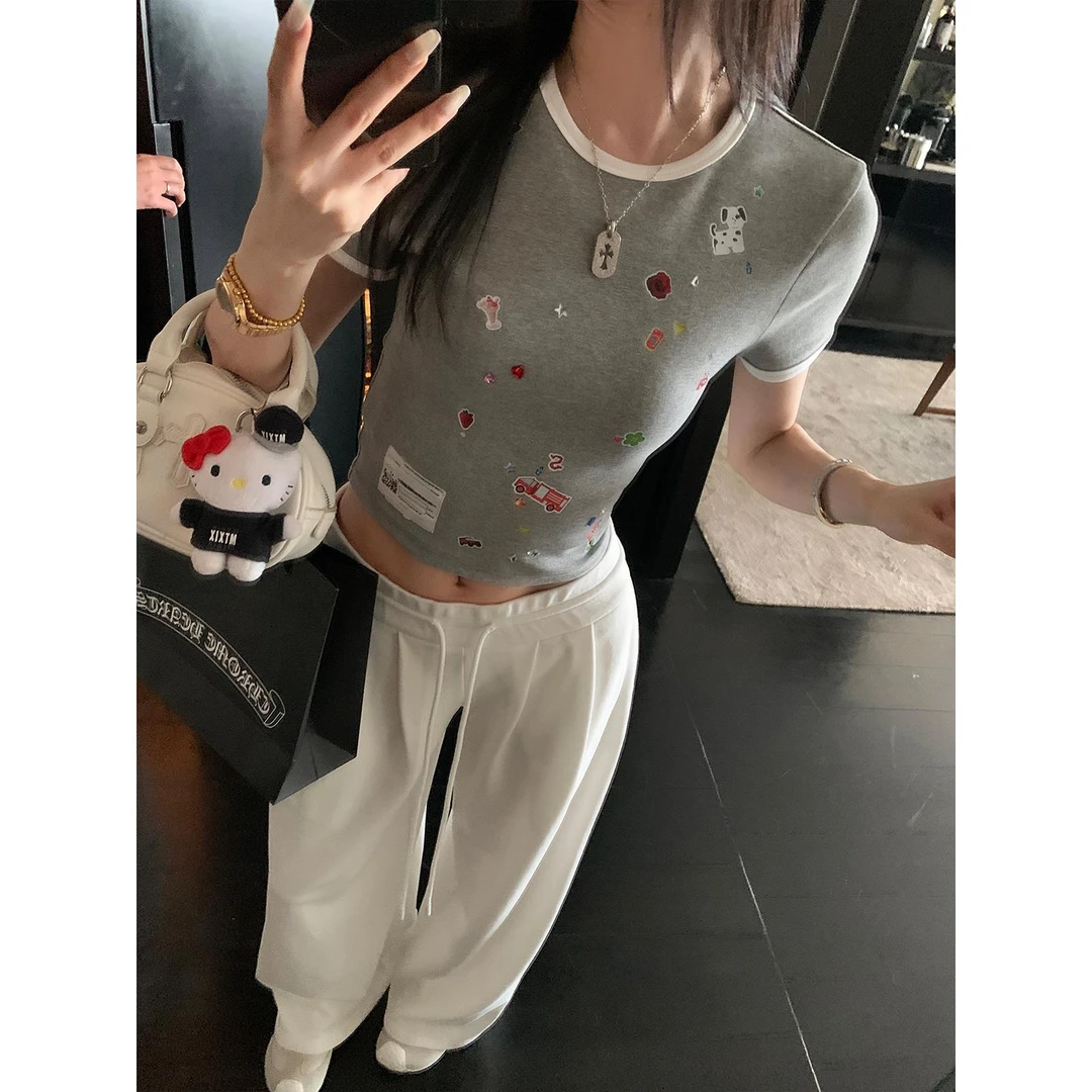 区区欧阳 印花烫钻撞色短袖T恤女夏季新款修身显瘦正肩圆领上衣