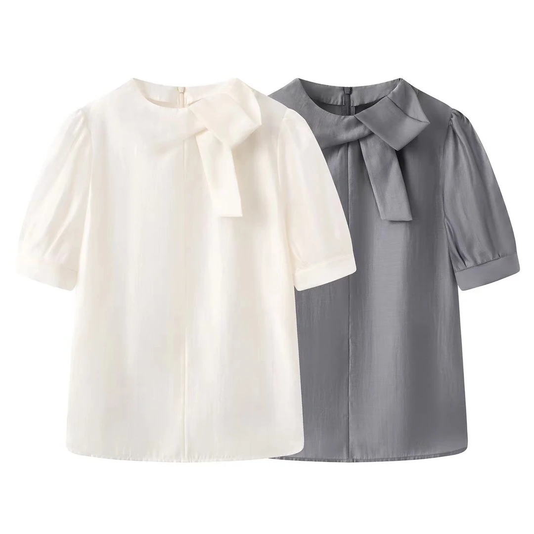 迪家同款拉链薄款成人蝴蝶结飘带短袖衬衫衬衣时尚纯欲风Y266671