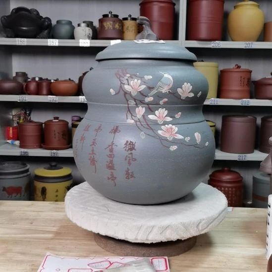 紫砂茶叶罐大葫芦本山绿花鸟075