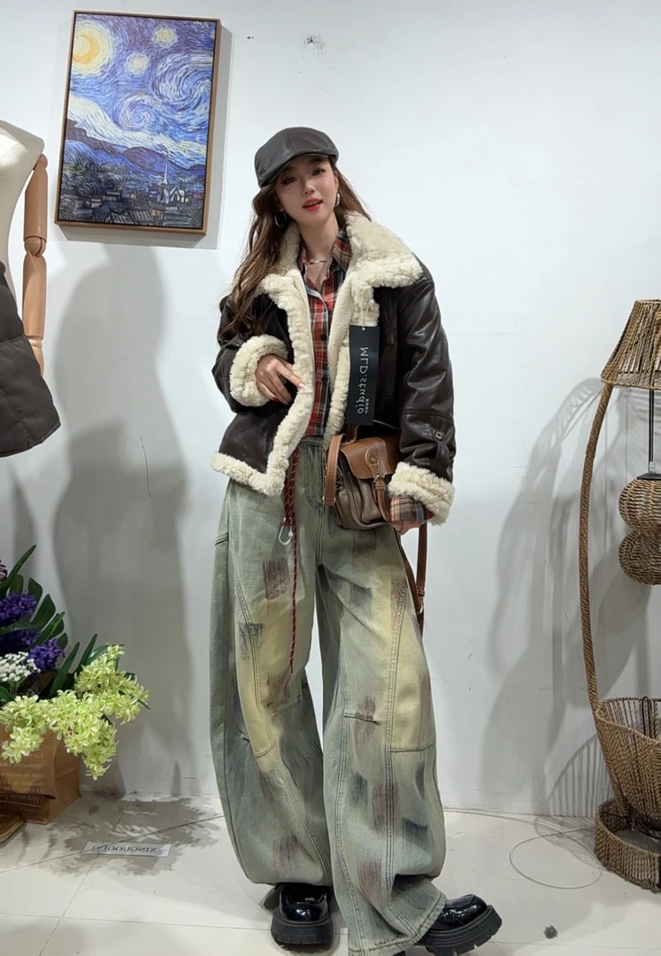 363区2561 咖色加绒常规宽松皮夹克保暖翻领