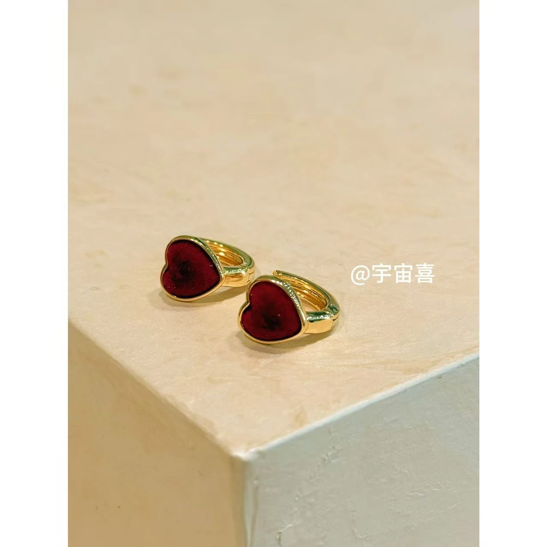 铜合金布艺耳饰 I3-120【红丝绒爱心金色耳扣】