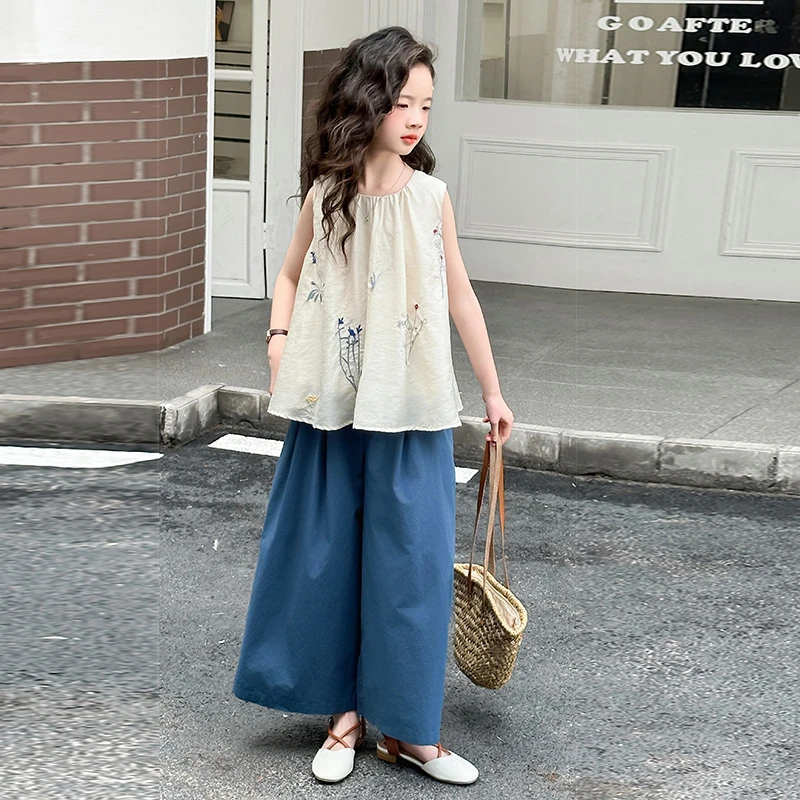 女童2025夏季新款套装洋气背心绣花娃娃衫上衣休闲阔腿裤两件套潮