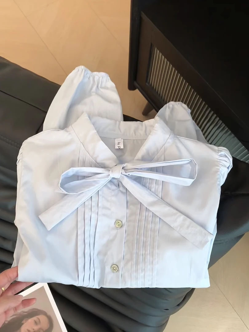 韩系设计感绑带蝴蝶结长袖衬衫女早春季蓝色新款百搭宽松纯色上衣