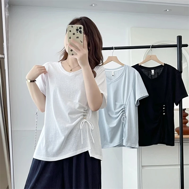 胖mm不规则大码设计串珠抽绳T恤雪花棉短袖夏季新款宽松显瘦上衣