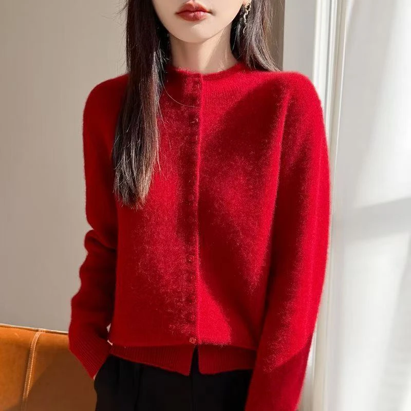 柔软亲肤新年款7~秋冬新款羊绒衫卷边半高领单排扣开衫女