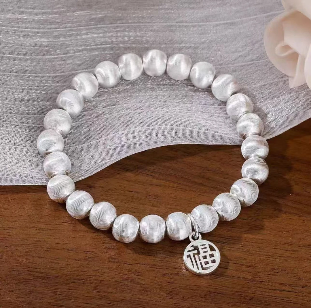 足银手链 纯银福牌吊坠猫眼转运珠手链女999足银手串手工编辑手串