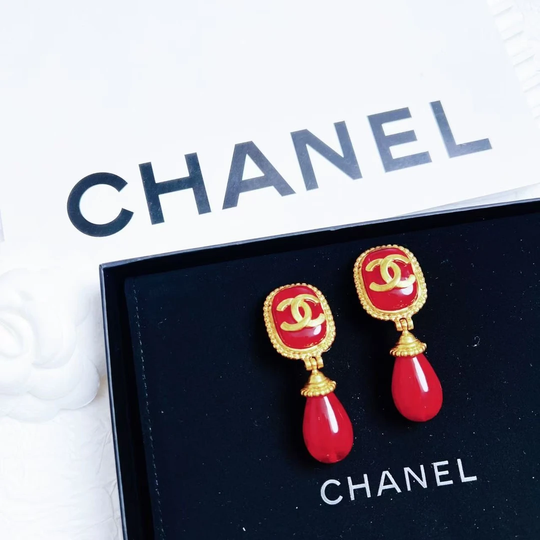95新 Chanel/香奈儿 柚礼中古/香奈儿红琉璃吊坠耳夹CQ501001
