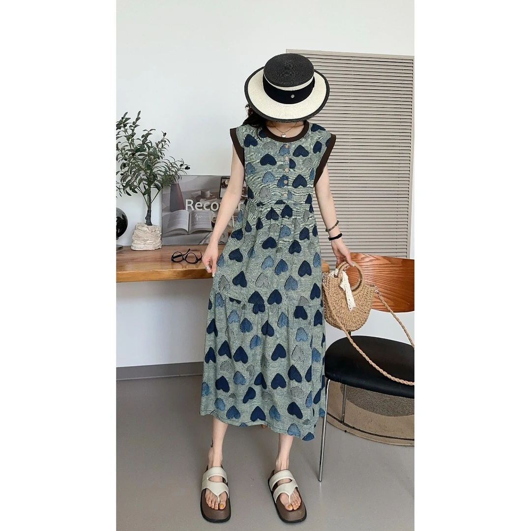 [休闲度假风]2025夏季新款撞色无袖飘带连衣裙ww-FC6296