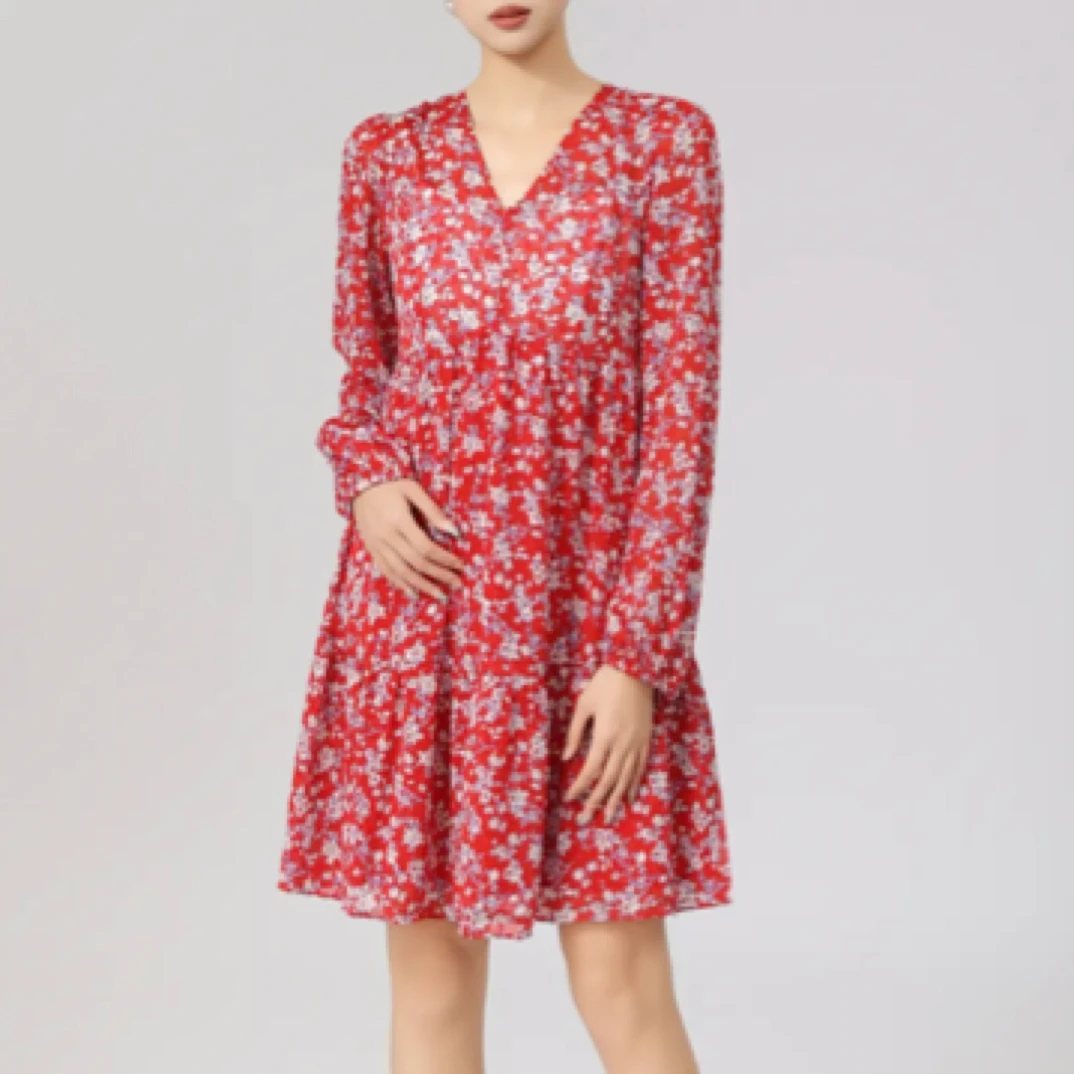 GIRDEAR/哥弟哥弟气质碎花连衣裙四季法式V领茶歇连衣裙150002