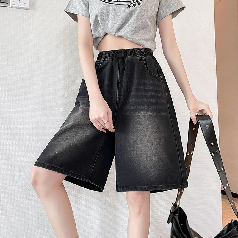 松紧腰牛仔短裤女胖mm大码宽松五分裤高腰学生中裤外穿夏季薄款