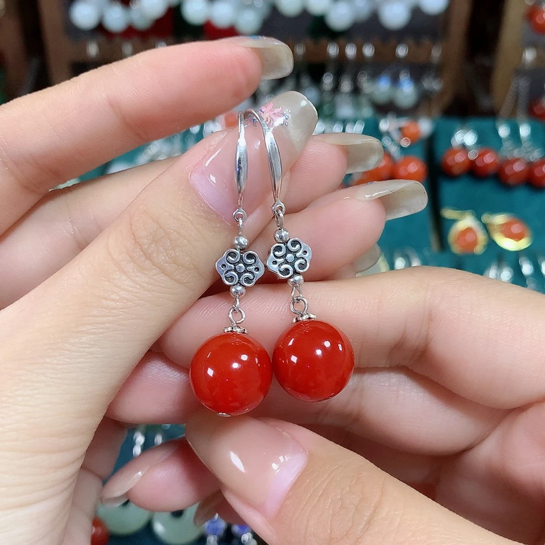 玛瑙/玉髓耳饰银S925镶嵌天然红玛瑙12mm左右（锦红）