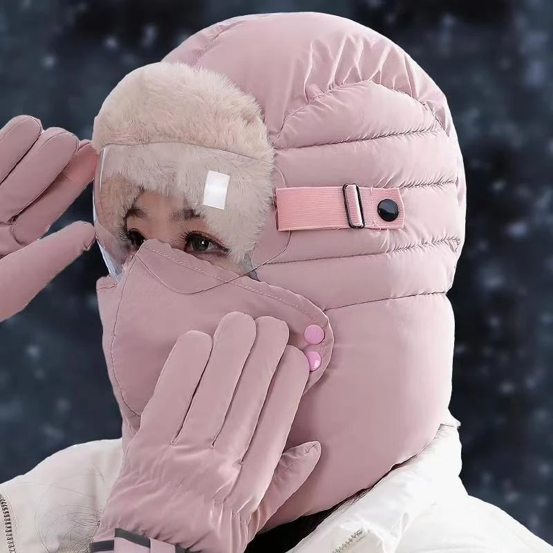 零下40东北哈尔滨加绒加厚保暖女冬帽围脖口罩眼镜防寒雷锋帽男