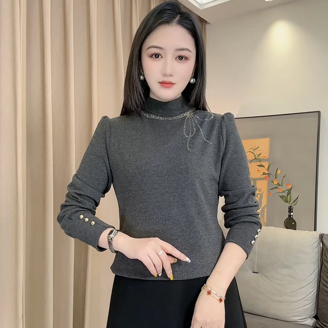 89151蝴蝶结烫钻弹力气质长袖T恤时尚修身冬打底衫女