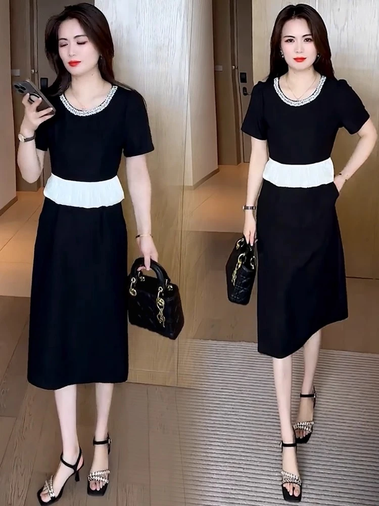 时尚连衣裙女2025夏季新款洋气质显瘦假两件拼接荷叶边中长款裙子