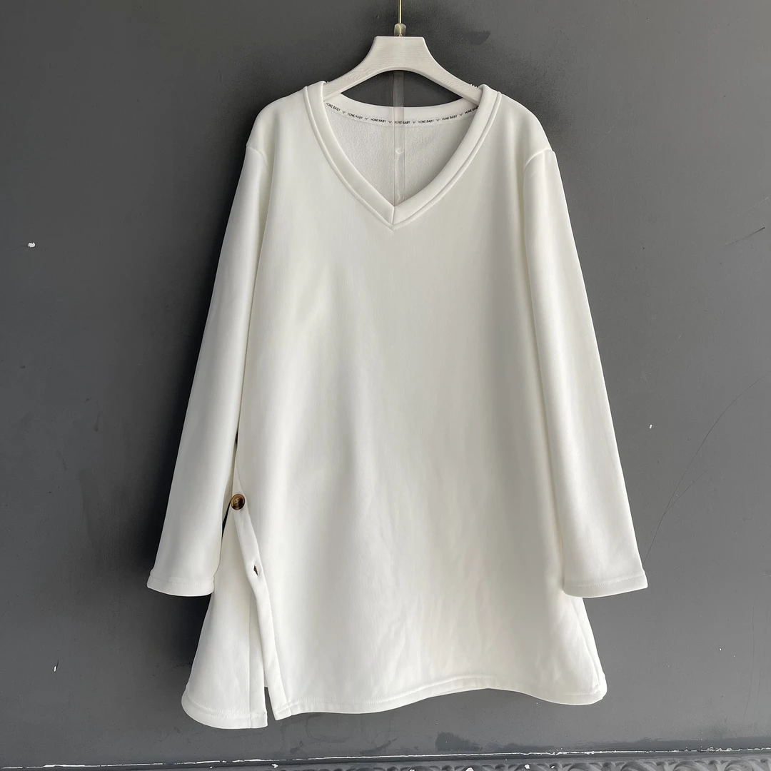 V领加绒长袖T恤收腰显瘦遮肉中长款韩版宽松上衣女装秋冬