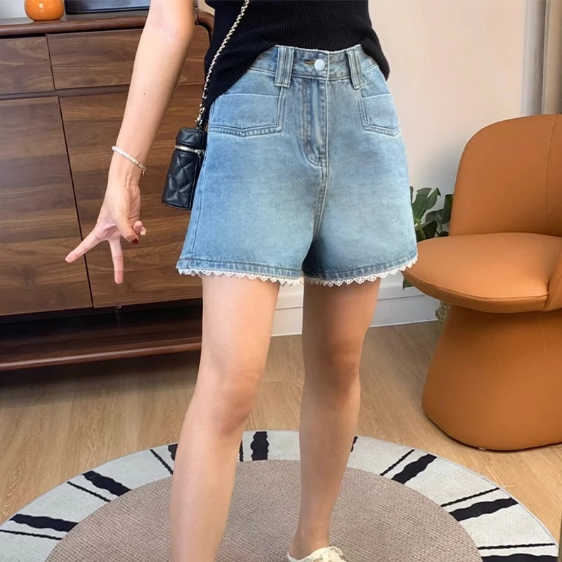 小个子高腰蕾丝花边a字牛仔短裤女2025夏季薄款显瘦百搭阔腿短裤