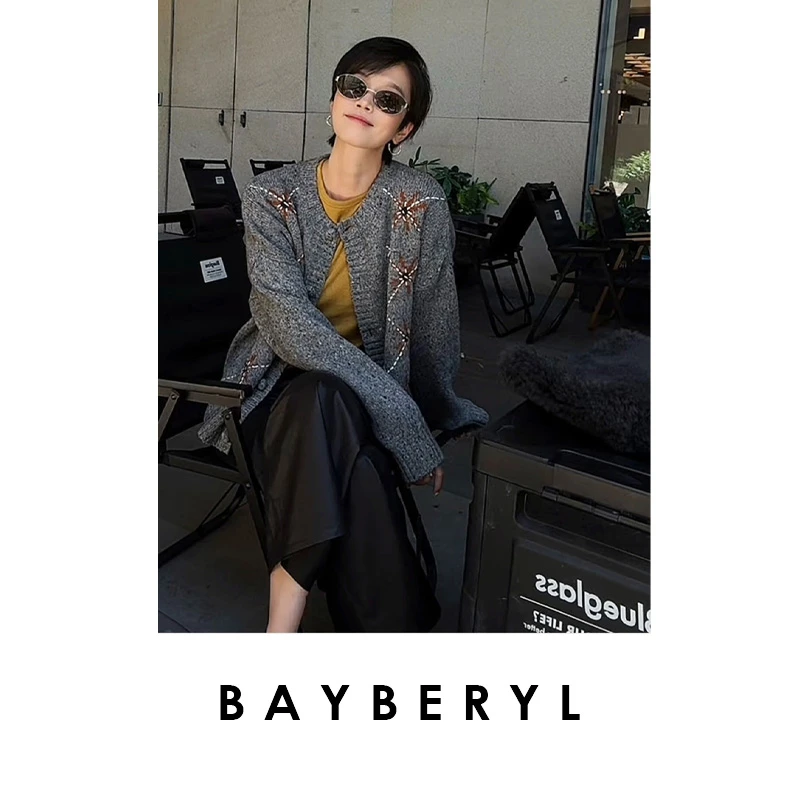 BAYBERYL老贝洋甘菊*点子牦牛圆领复古秋针织开衫ZZS5F2002-8/23