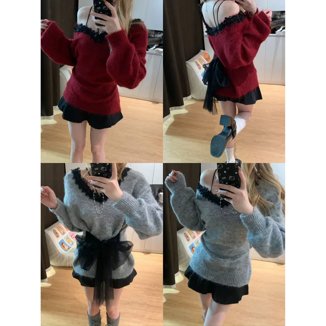 【395 】含羊驼毛 圣诞跨年氛围感法式温柔V领花边绑带毛衣