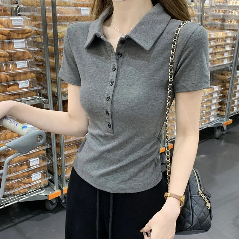 甜美爱心纽扣百搭翻领短袖t恤女夏季新款polo领修身上衣女小个子