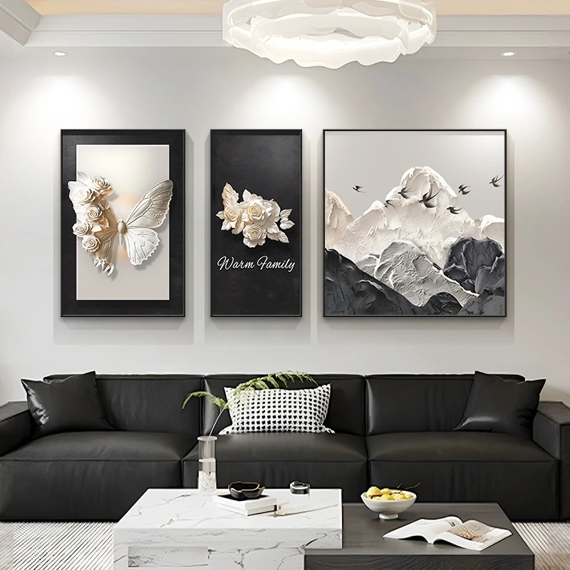 【直播间福利】法式风客厅装饰画沙发背景墙挂画黑白灰蝴蝶新款壁画