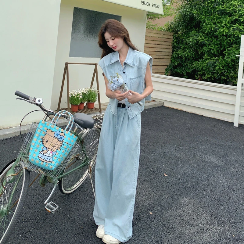 牛仔马甲阔腿裤套装女2025夏季新款甜酷炸街氛围感港味复古两件套