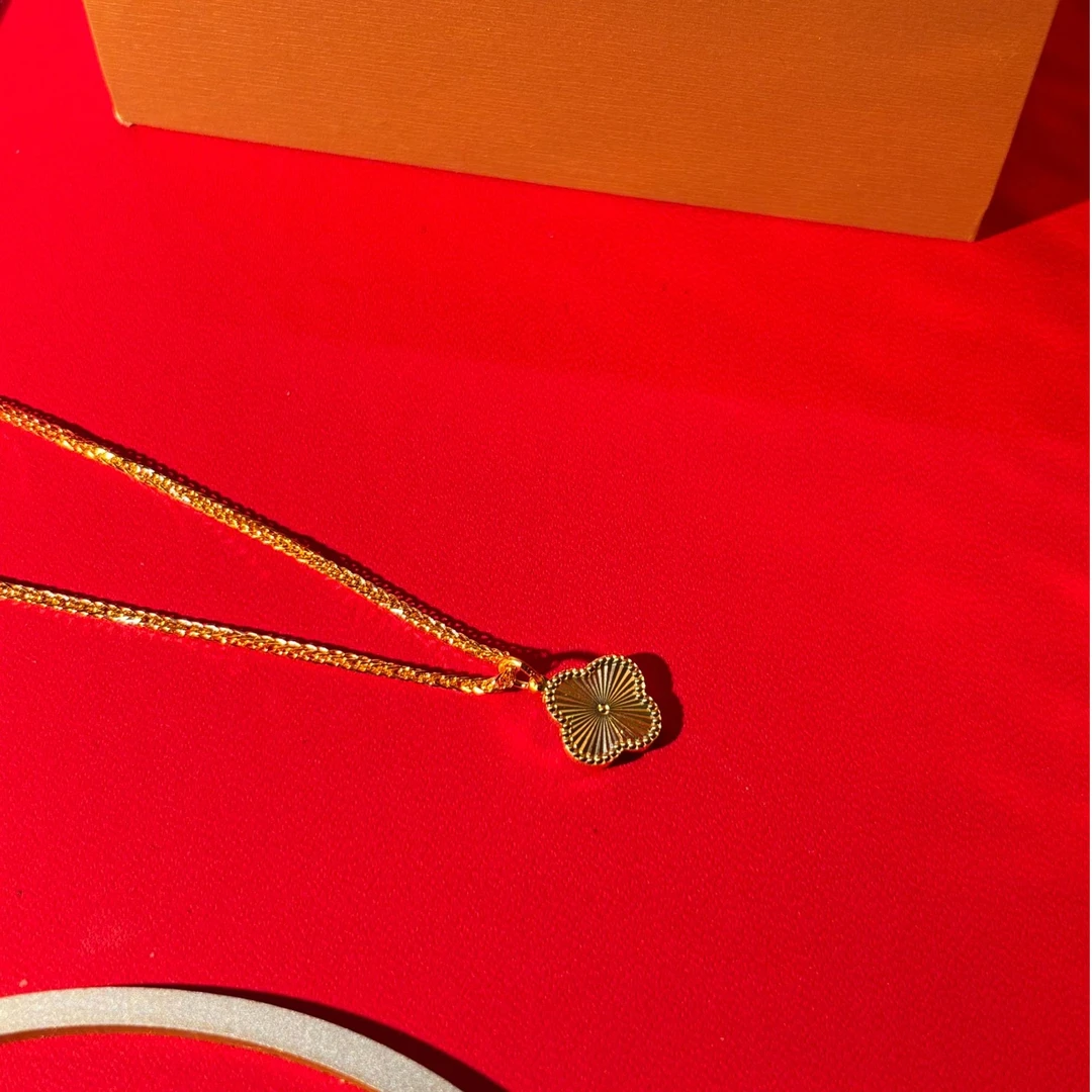 吊坠足银 一花四叶草项链时尚女士双面古法经典中古精美素款