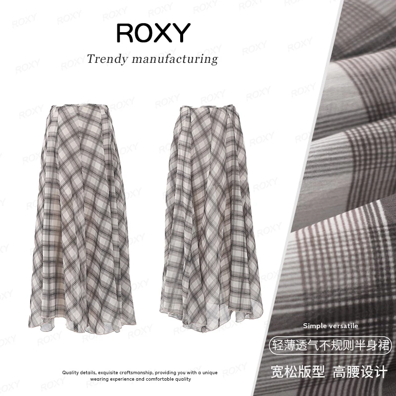 Roxy美式复古高腰不规则半身裙格子垂感透气清凉百搭气质休闲裙