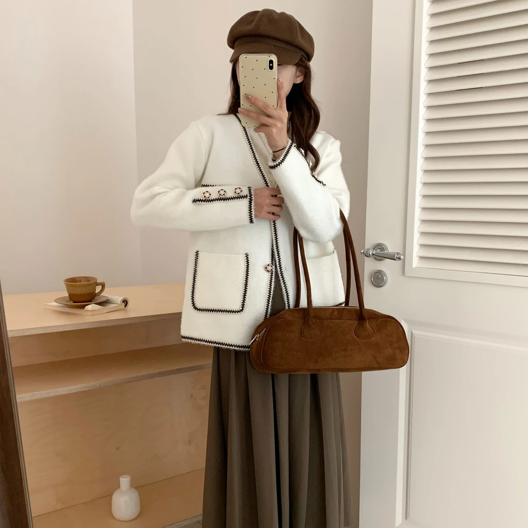 秋冬款纯色休闲气质百搭时尚v领减龄慵懒小香风开衫宽松长袖