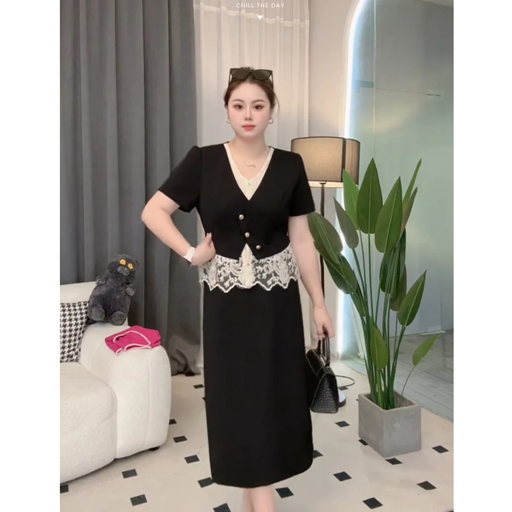 【朵拉】大码女装气质短袖蕾丝拼接上衣高腰半身裙显瘦通勤两件套夏