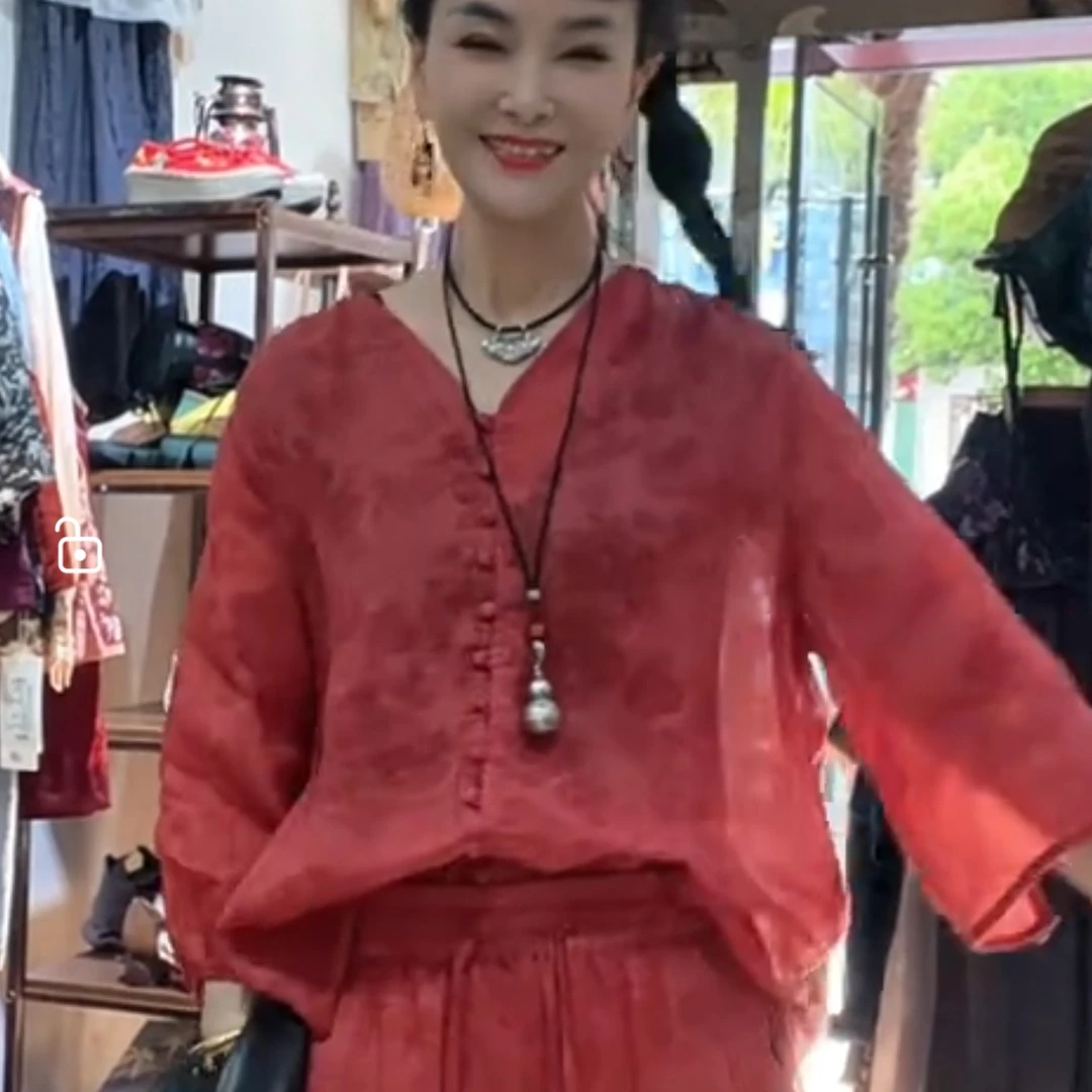 苎麻V领九分袖上衣宽松显瘦文艺防晒衬衫套装9219