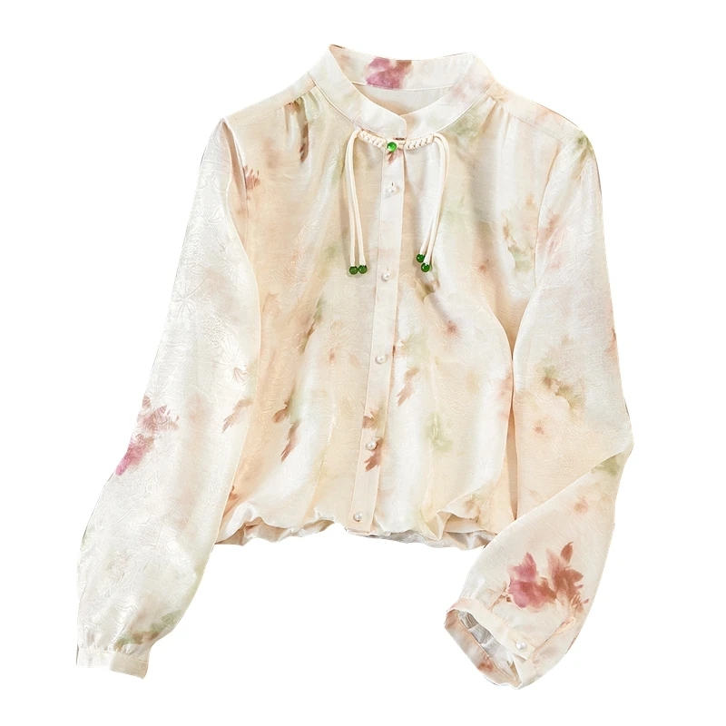 她池2025春游出行夏季欧若风印花款衬衣短款长袖衬衫T51Z0207C