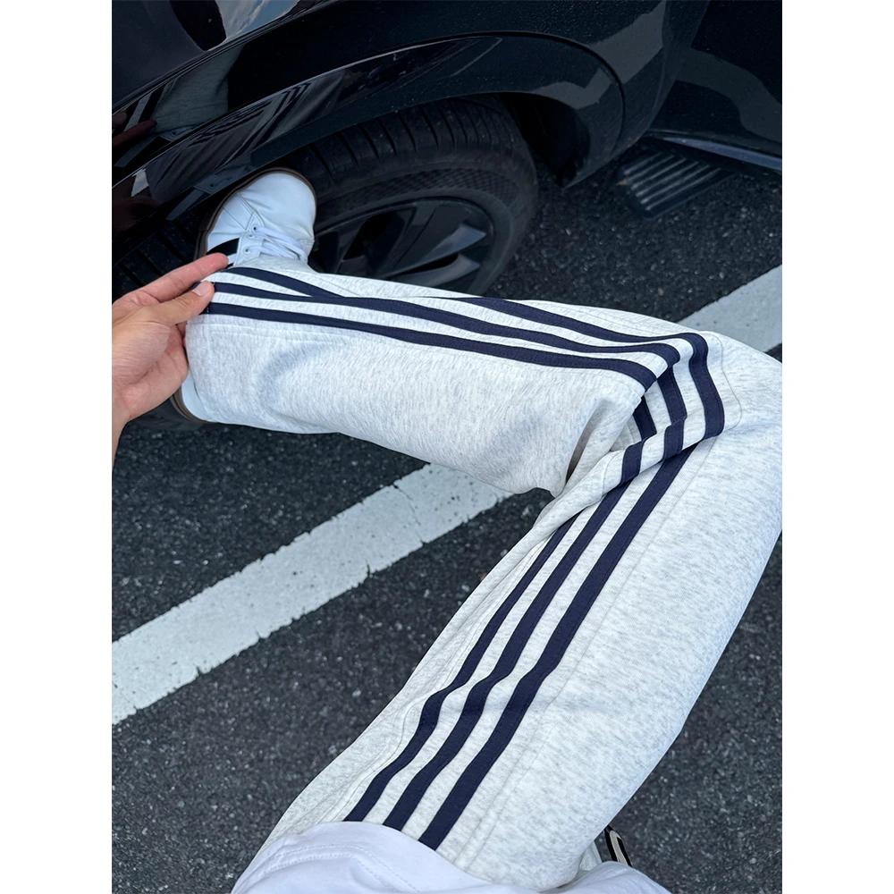 美式白花灰色三条杠裤子男夏季宽松直筒运动卫裤重磅条纹休闲长裤