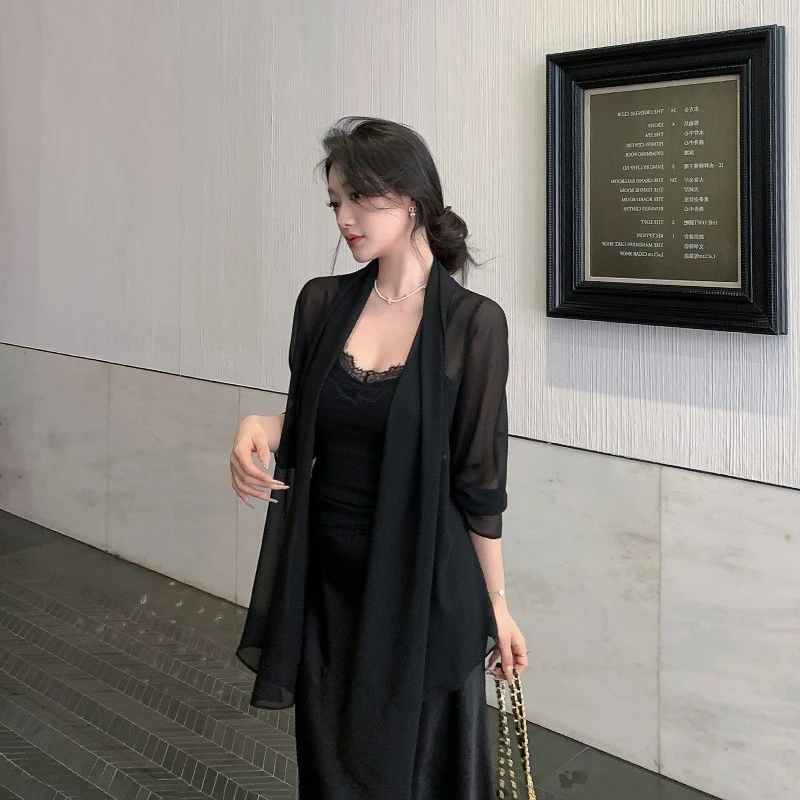 法式不规则长袖雪纺开衫女春夏配裙子外搭小披肩薄款罩衫防晒上衣