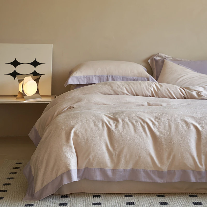 法式轻奢奶油风60支贡缎长绒棉床上四件套水洗提花棉被套床品套件