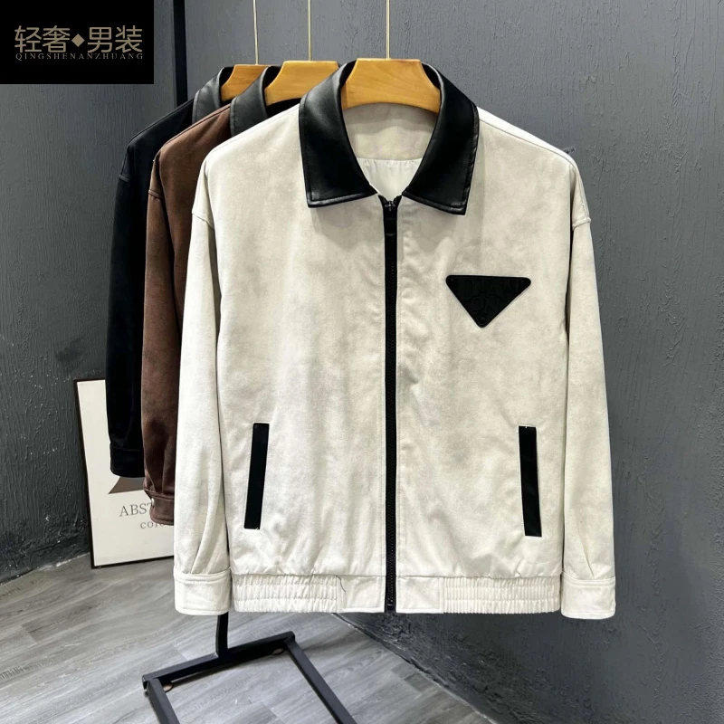春秋季撞色拼接时尚休闲夹克男士翻领潮牌外套高级感个性百搭上衣